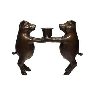 Vintage Brass/Bronze Pigs holding hands Candle Holder. (J)